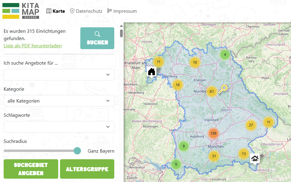Screenshot der Webanwendung Kita Map